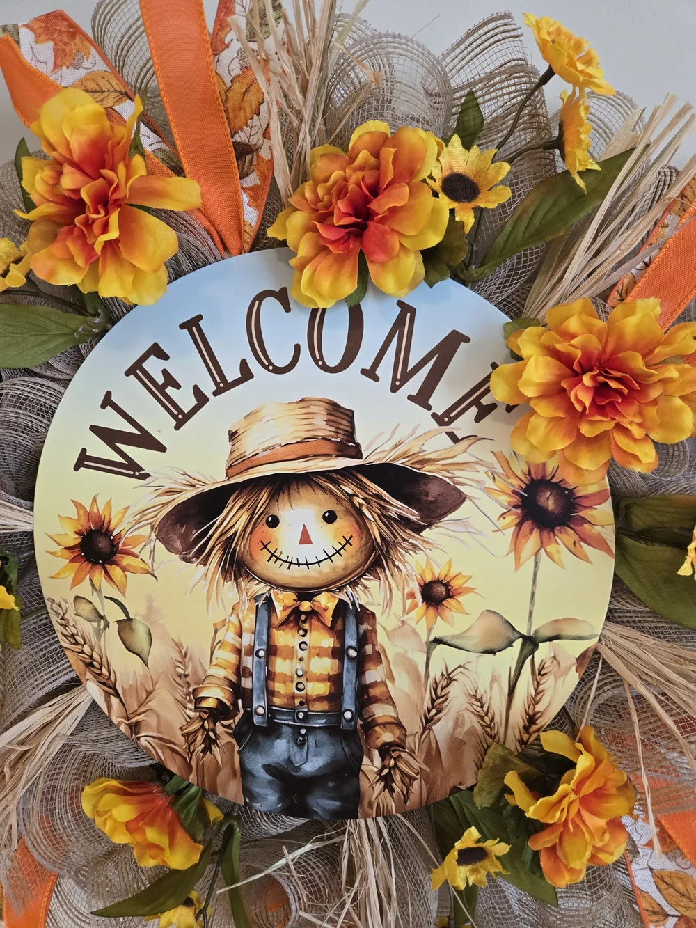 Autumn Welcome Fall Scarecrow Wreath with Orange & Yellow Blooms